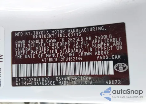 2015 Toyota Avalon Xle z USA, uszkodzony, nr VIN 4T1BK1EB2FU162194